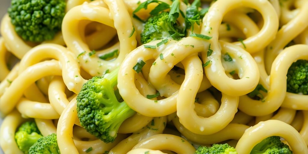 Creamy broccoli pasta in a bowl with fresh parsley.