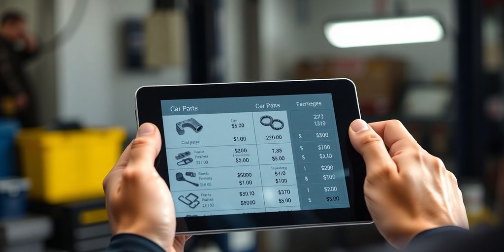 Car mechanic using a tablet with pricing information.