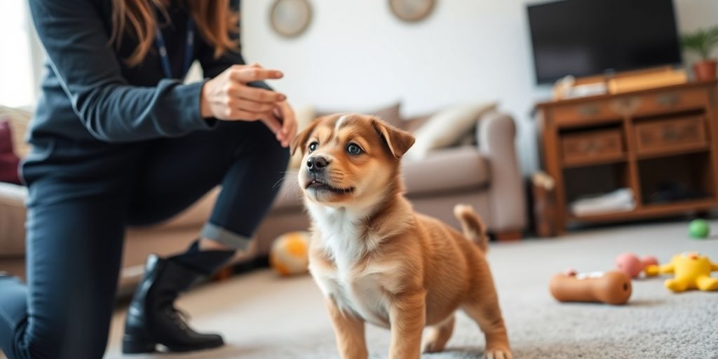 Puppy training session in a cozy indoor setting.