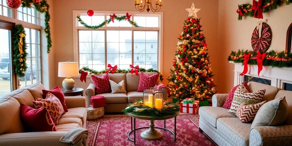 Festively decorated living room with Hobby Lobby Christmas decor.