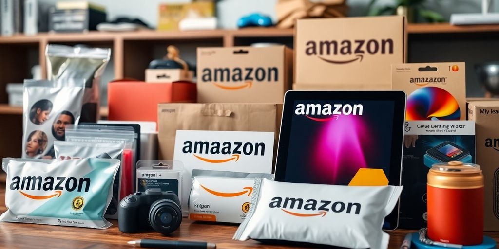 Diverse Amazon products on a wooden table.
