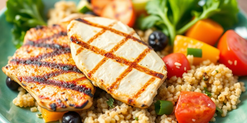 Close-up of a protein-rich meal with vegetables.