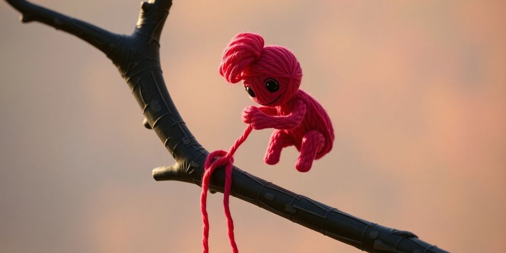 Yarny auf einem Ast sitzend, spielt mit Garn.