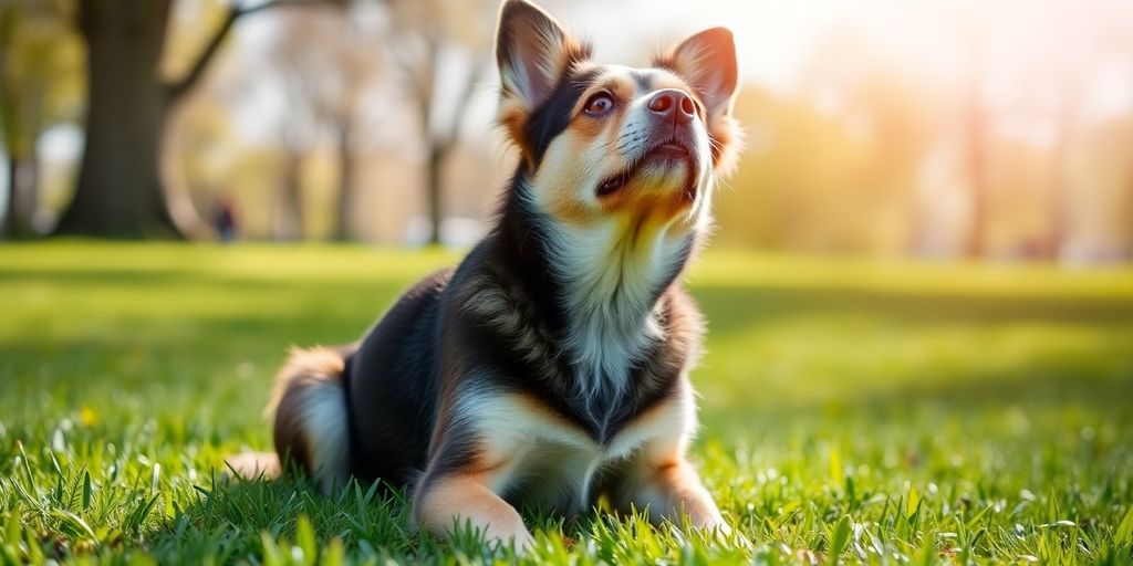 Dog sitting in grass, looking up with curiosity.