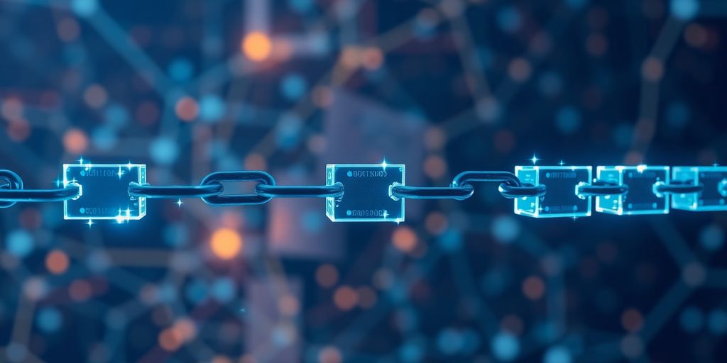 Blockchain blocks connected in a digital network.