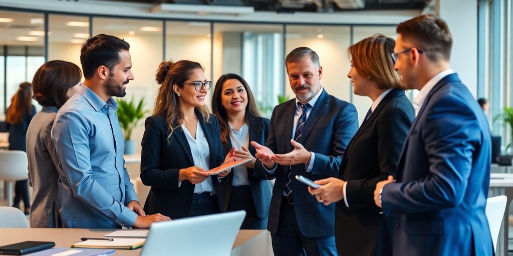 Diverse professionals collaborating in a modern office setting.