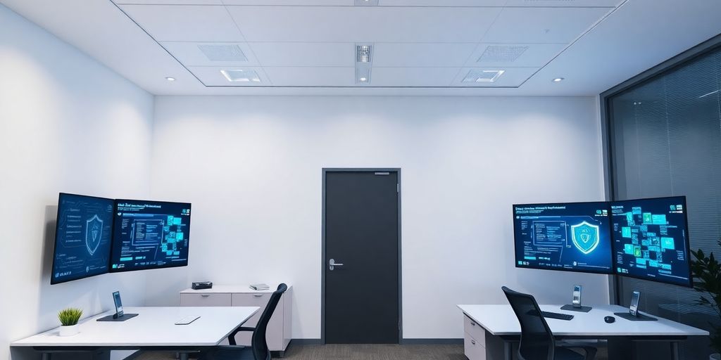 Modern office with advanced cybersecurity technology and equipment.