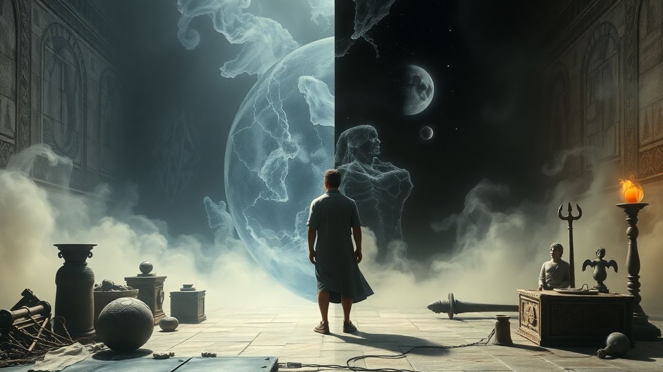 Person between vivid reality and dreamlike illusion, ancient-modern merge.