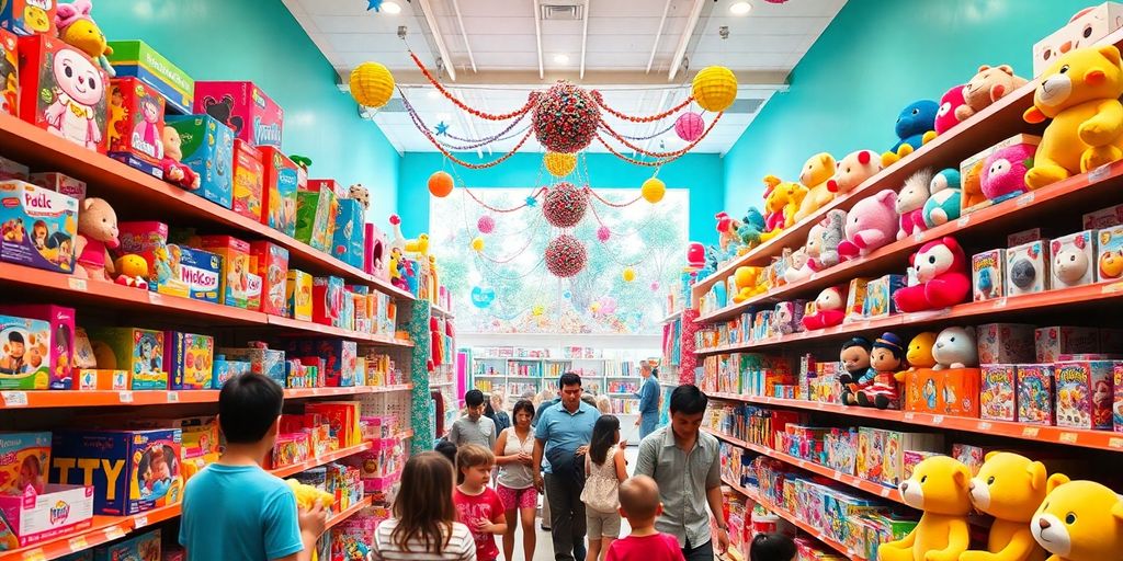 Colourful toys filling shelves in a bright store.