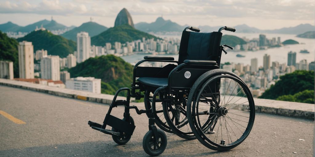 Wheelchair with price tag in front of Rio de Janeiro cityscape, illustrating rental costs and process.