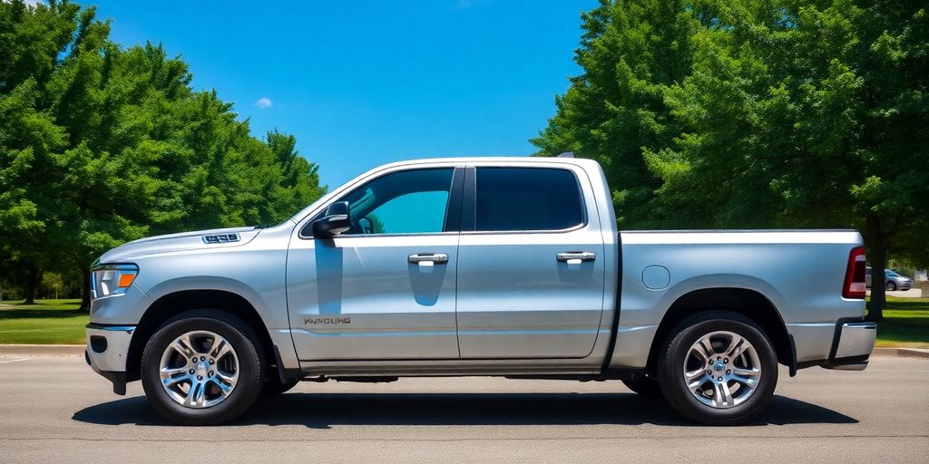 Silver pickup truck parked on a sunny road.