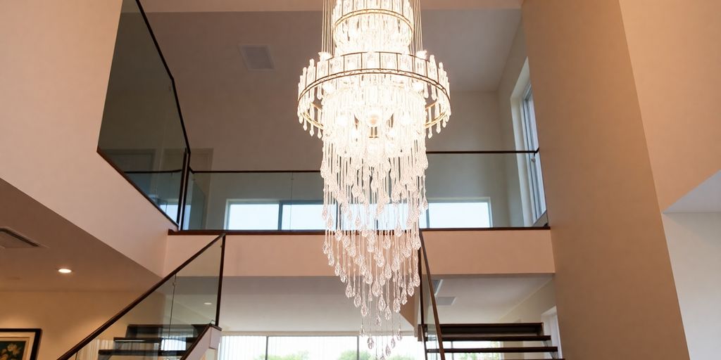 Modern staircase chandelier illuminating a stylish home interior.
