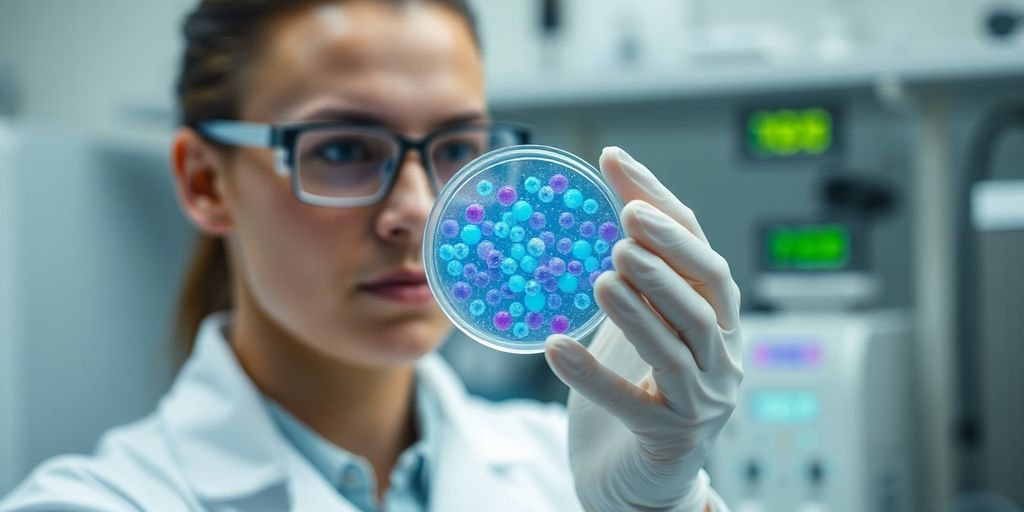 Scientist in lab coat examining biotechnology.