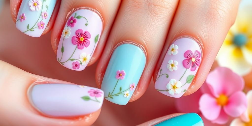 Unhas decoradas com florzinhas delicadas em cores suaves.