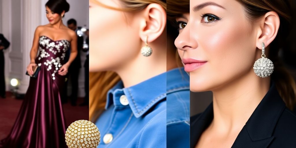 Close-up of polished earring balls styled with diverse outfits.