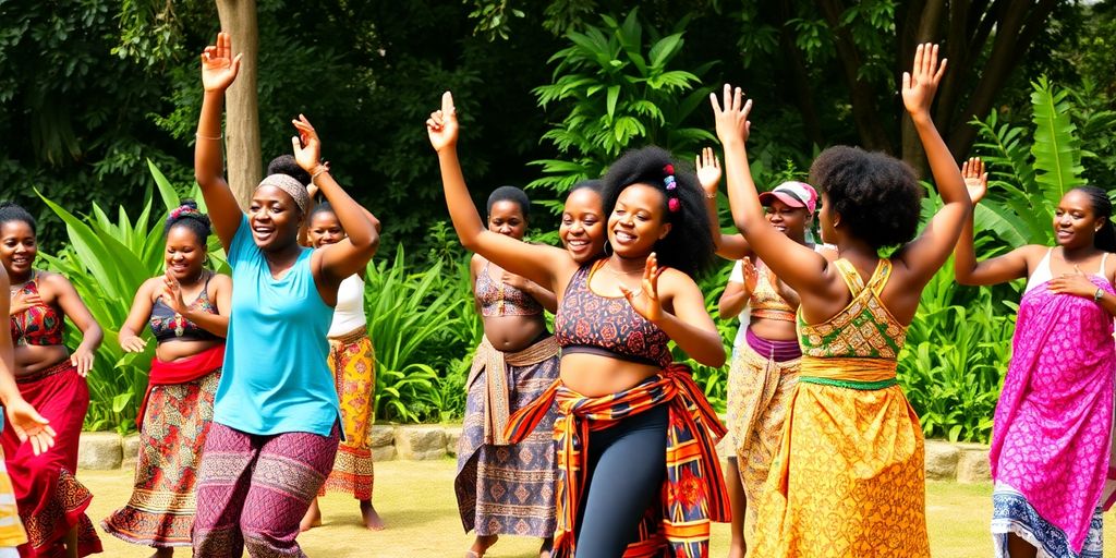 Group exercising outdoors, celebrating African fitness traditions.