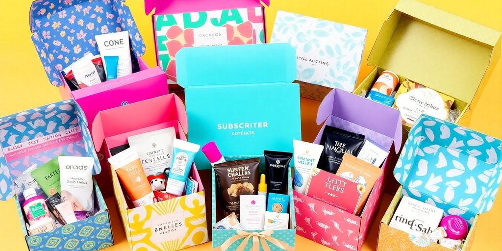 Colorful subscription boxes filled with various products.