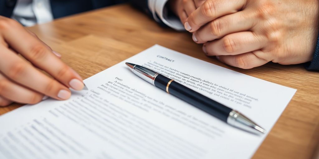 Contract document with pen and handshake.