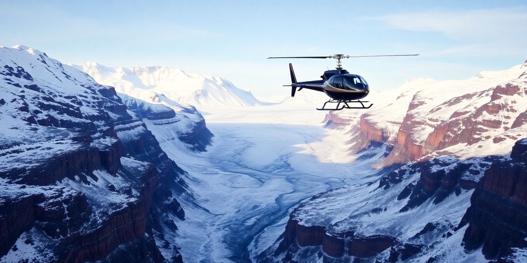 A helicopter flying over a vast Alaskan glacier and mountains.