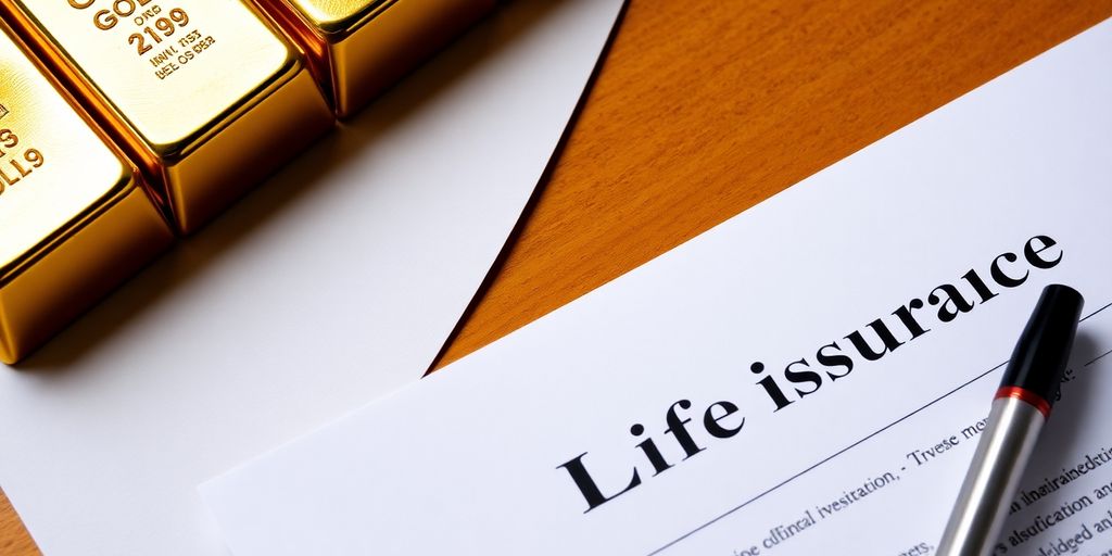 Lingots d'or et document d'assurance-vie sur un fond neutre.