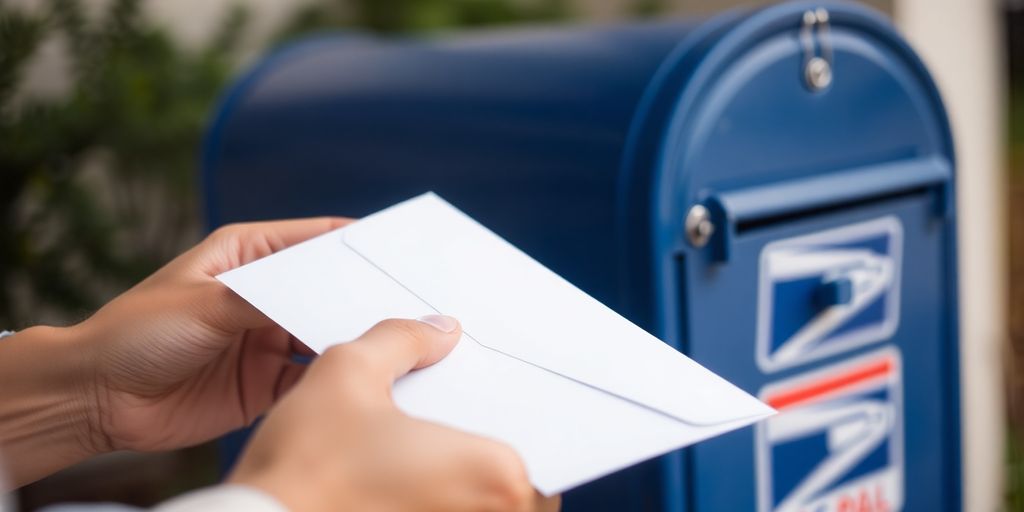 Person holding a letter near a mailbox.