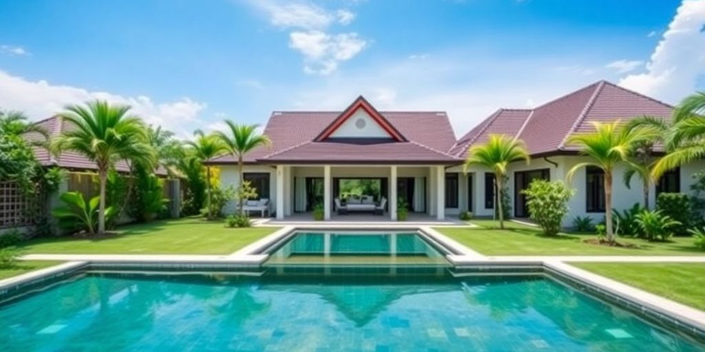 Luxurious Thai property with tropical landscaping and pool.