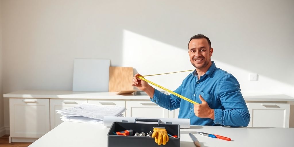Contractor measuring kitchen counter with tools and blue paint swatches