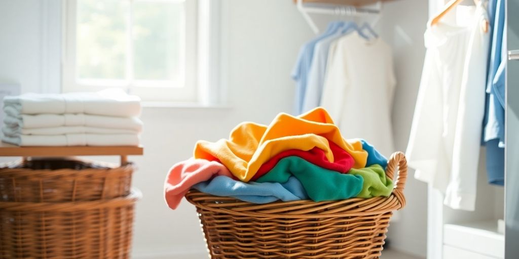 Folded colourful garments, laundry basket, clothes hangers.