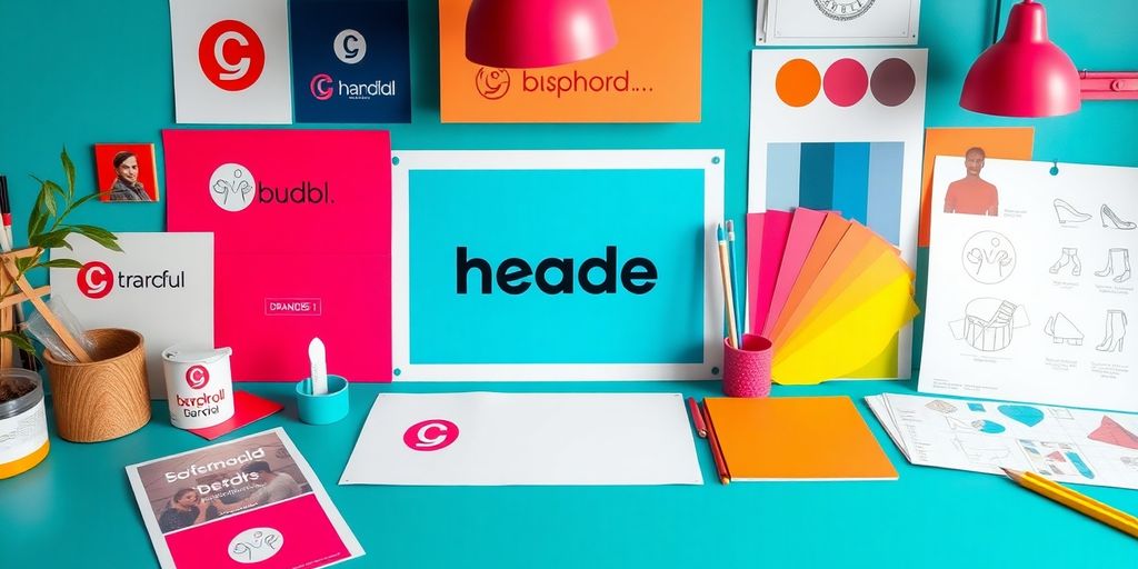 Colorful branding materials on a creative workspace.
