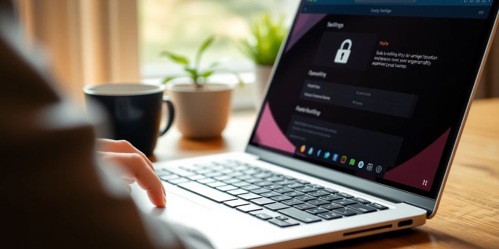 Person using a laptop in a secure workspace.