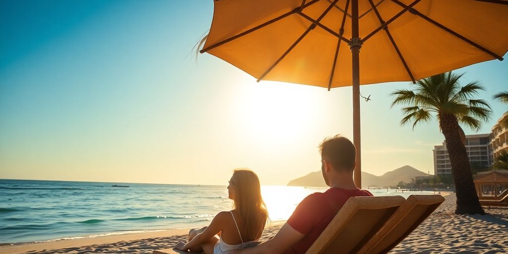 Relaxing couple on a beach at sunset in Cabo.