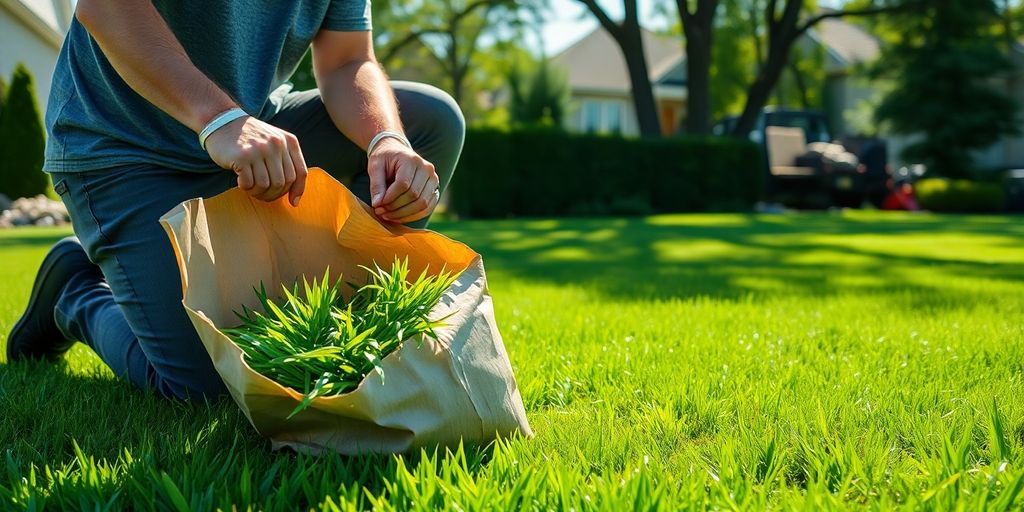 Man bagging grass clippings on a Toronto lawn.