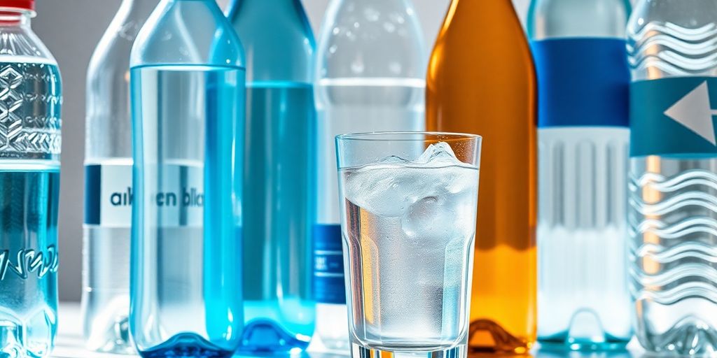 Assorted water bottles by a refreshing glass of water.