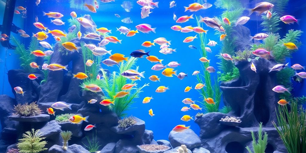 Large aquarium with colorful fish and aquatic plants.
