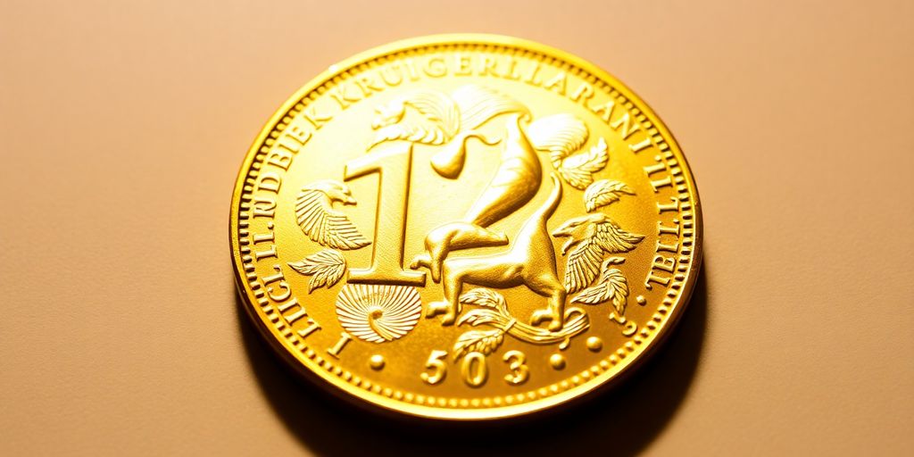 Une pièce d'or Krugerrand brillante sur un fond neutre.