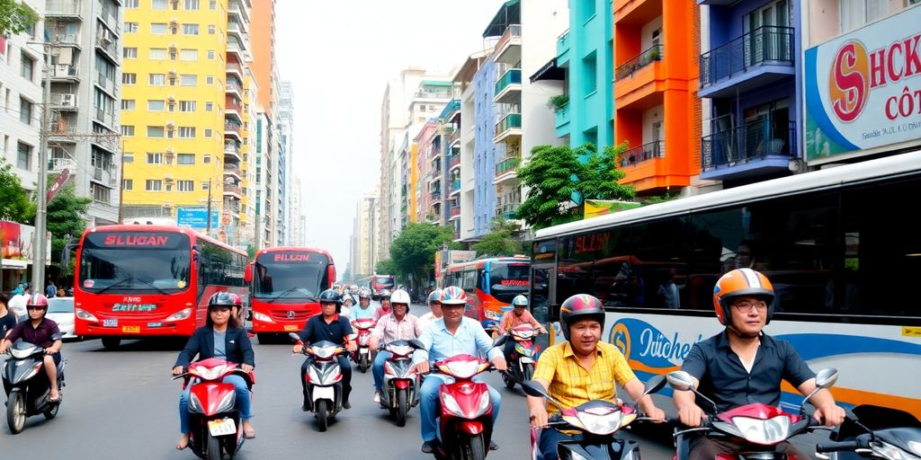 Busy streets of Ho Chi Minh City with various transport options.