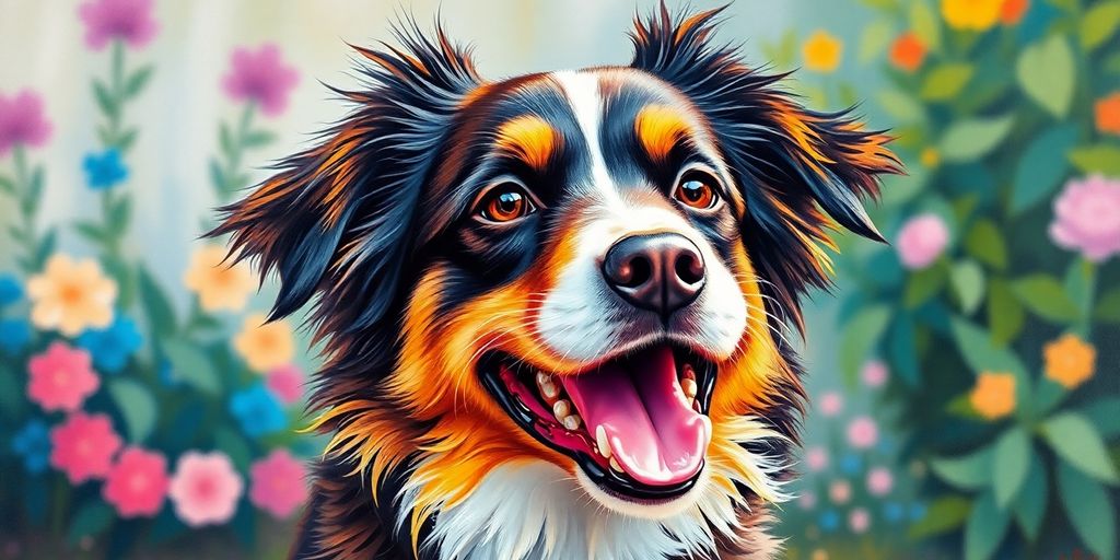 Acrylic painting of a playful dog on canvas.