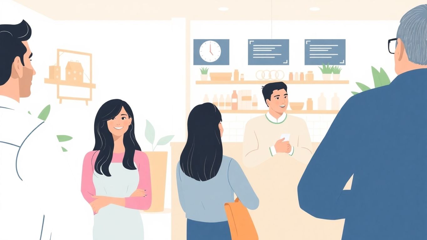 Illustrasjon av kunder i en vennlig bedrift.