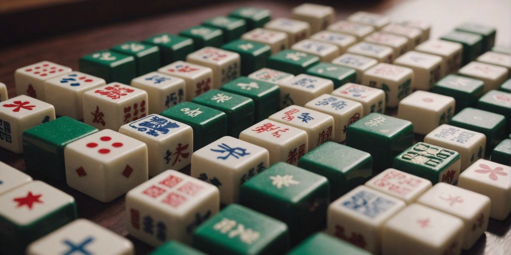 Close-up of mahjong tiles made from different materials, showcasing their textures and colors.