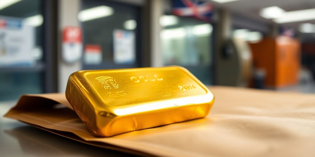 Lingot d'or sur une enveloppe postale.