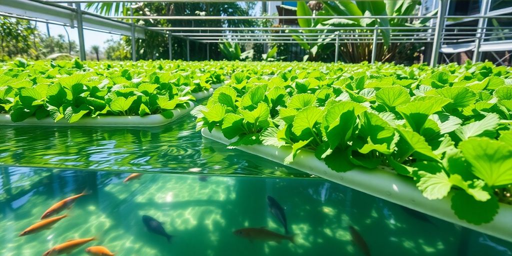 Aquaponics system with fish tanks, leafy greens.