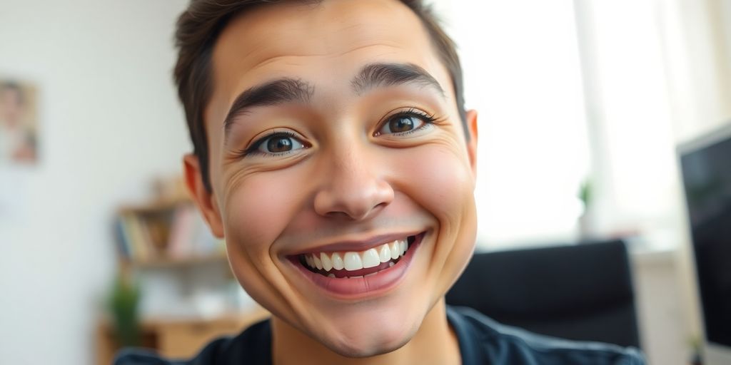 Smiling face conveying emotions in a virtual meeting.