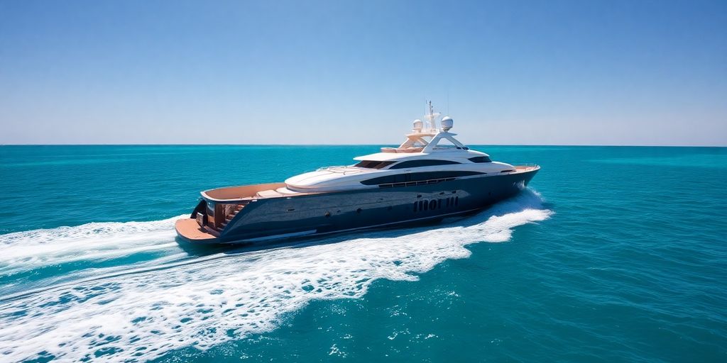 Sleek yacht sailing on azure water, sun glinting.