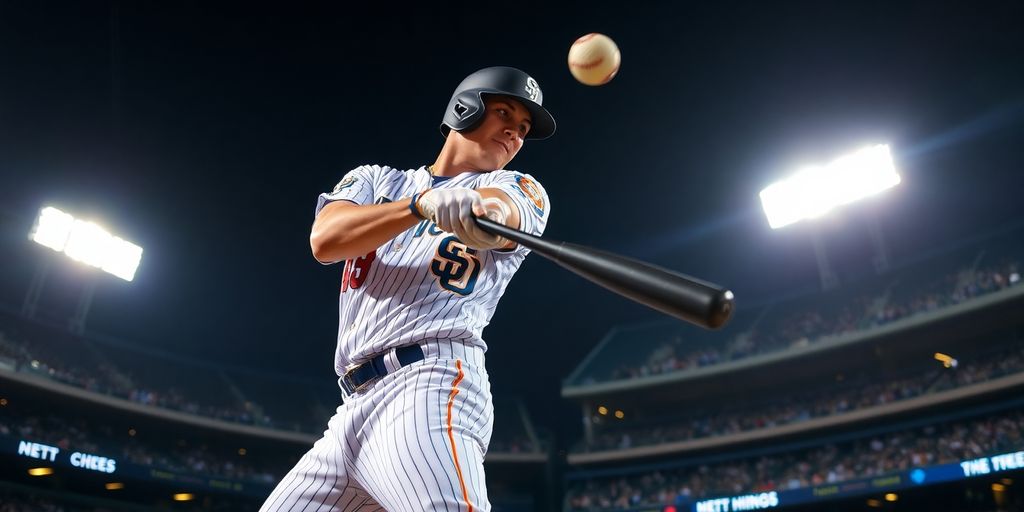 Padres player hitting baseball, stadium lights