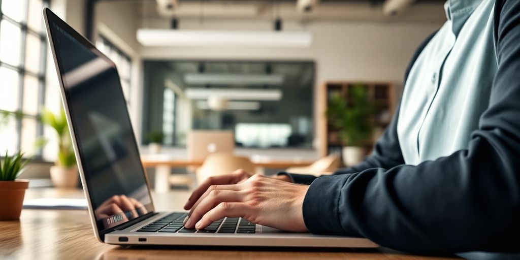 Person using a laptop in a modern workspace.