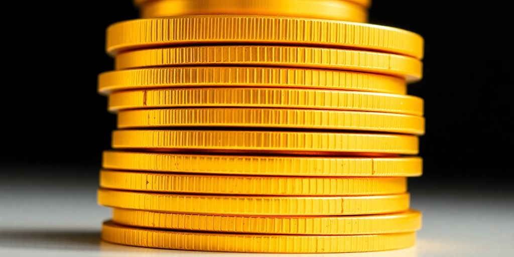 Pièces d'or empilées brillent sur fond sombre.