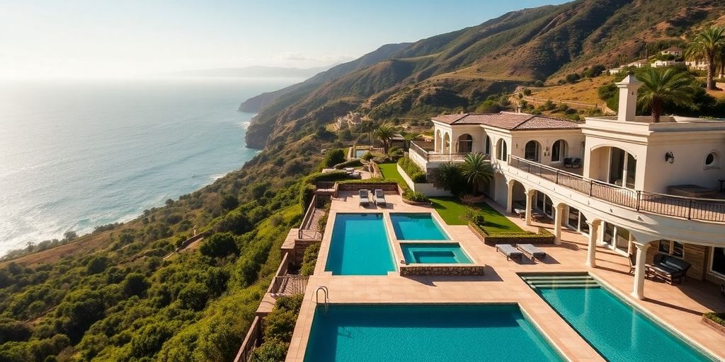 Luxurious resort with villas and ocean view.