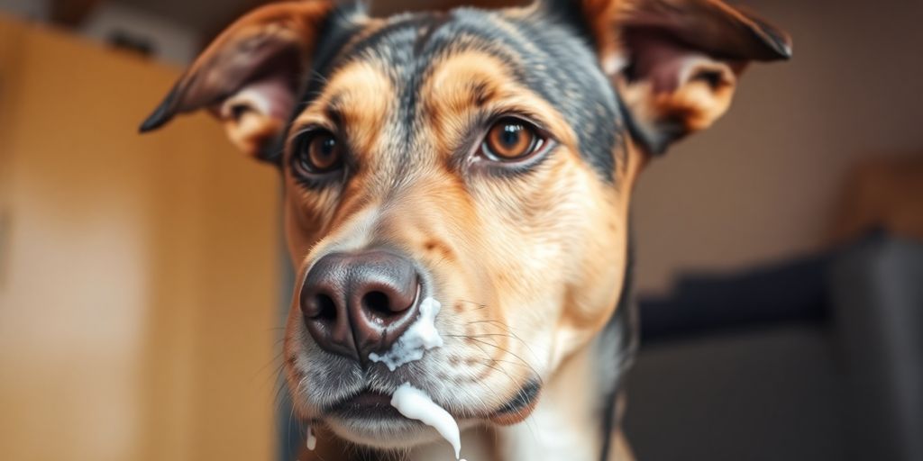 Dog looking concerned after vomiting white foam.