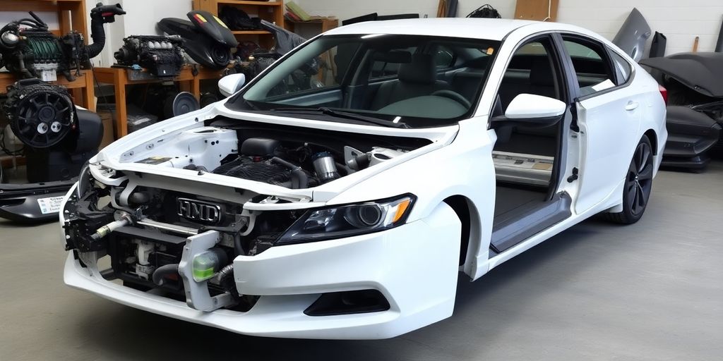 Disassembled Honda Accord chassis with engine parts nearby.
