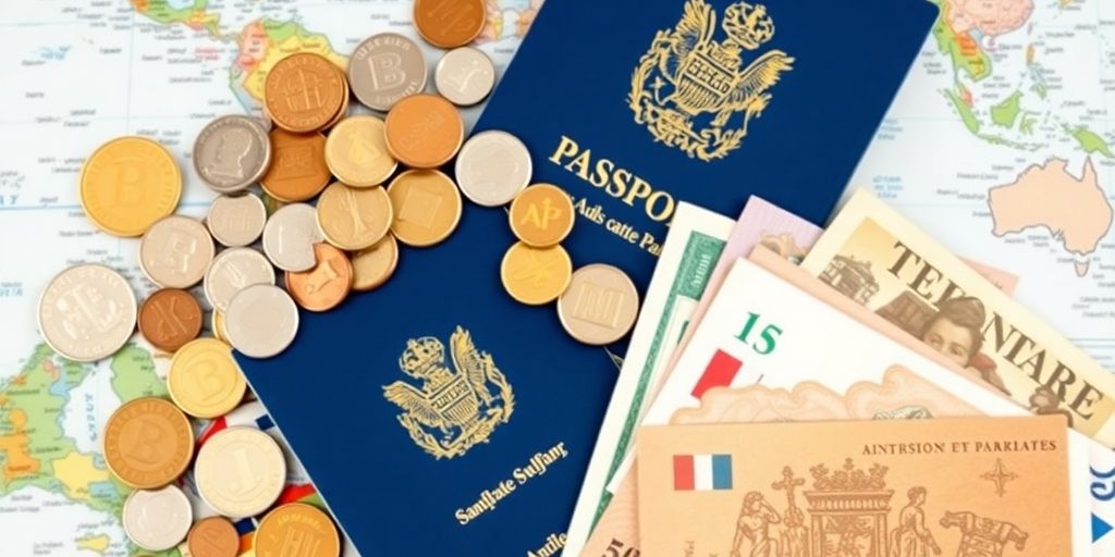 Various international currencies and travel essentials on display.
